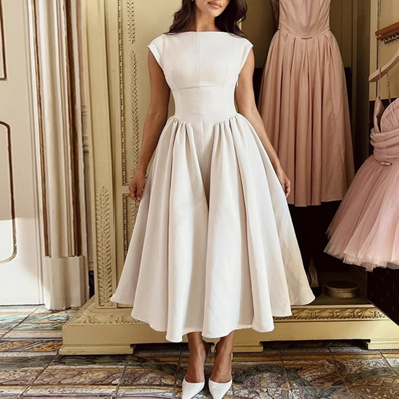 Casual Simple Solid Color Commuting Dress Women O-neck High Waist Pleated Party Dress New 2025 Backless Hollow Beach Long Dress
