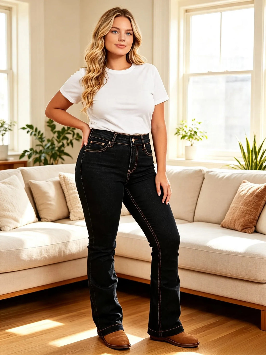 【HME】Jeans | High‑Rise Bootcut Flared Denim Pants, Eye‑Catching Contrast Geometric Embroidery Decor Denim, Classic Five‑Pocket Deep Indigo Pants, Versatile Stylish Denim Pants For Women’s Wardrobe