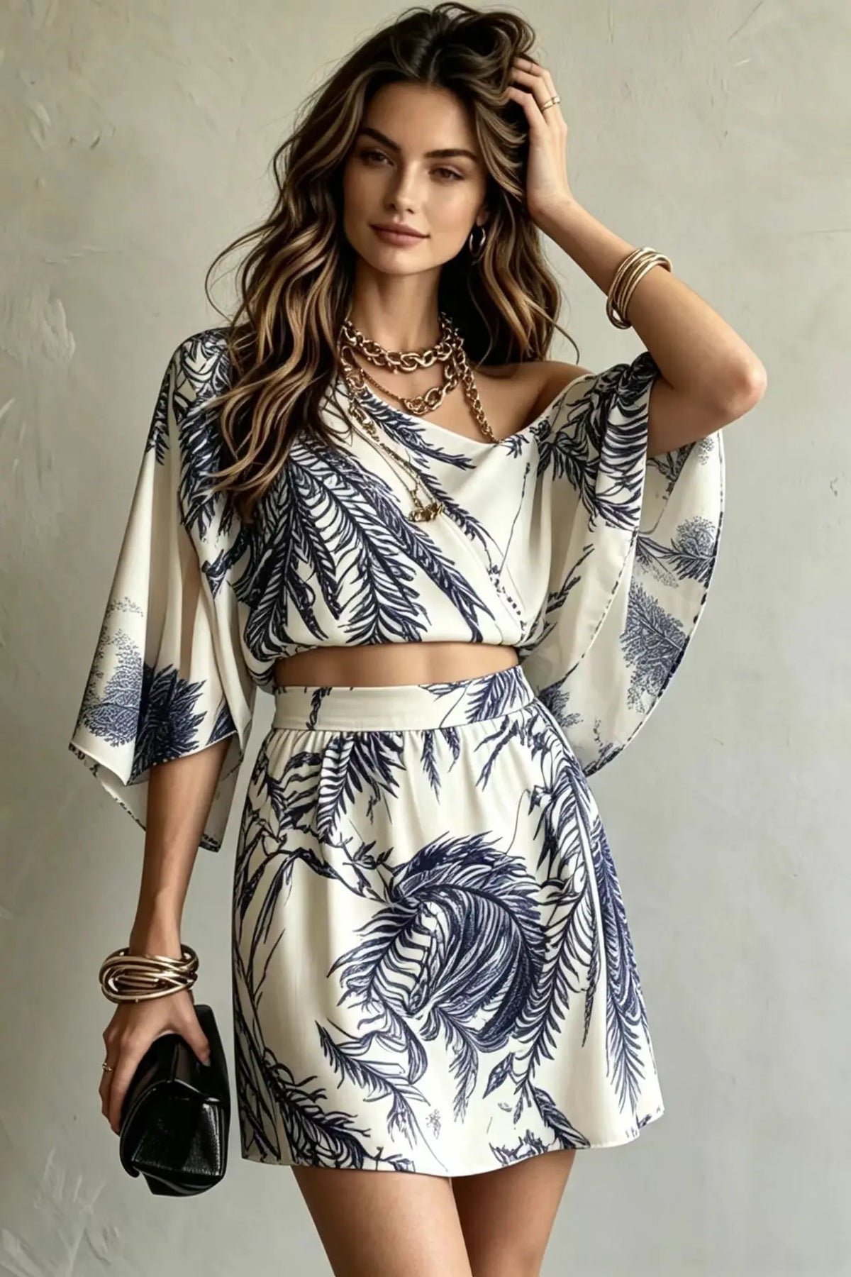 Bohemian style tropical leaf print off shoulder short top A-line short skirt vacation set for women