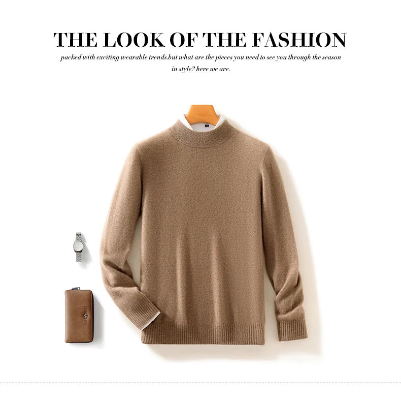 Autumn and Winter Half-high Neck 100% Pure Wool Men's Long Sleeve Leisure Sweater Knitwear