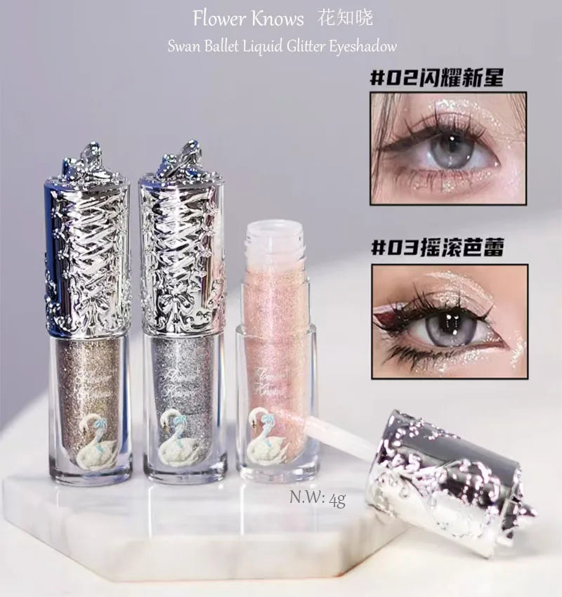 Flower Knows Liquid Eyeshadow Swan Ballet Glitter Quick-Dry Long-Lasting Waterproof Shimmer for Eyes Makeup 4g
