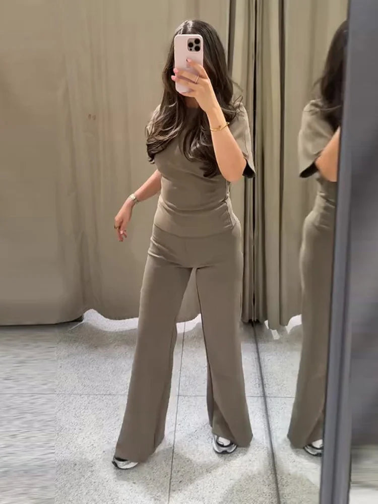 Sexy Solid Top Trousers Set Women Short Sleeve Backless Tops Long Slim Pants Sets Female 2026 Chic Summer Autumn Lady Suits New