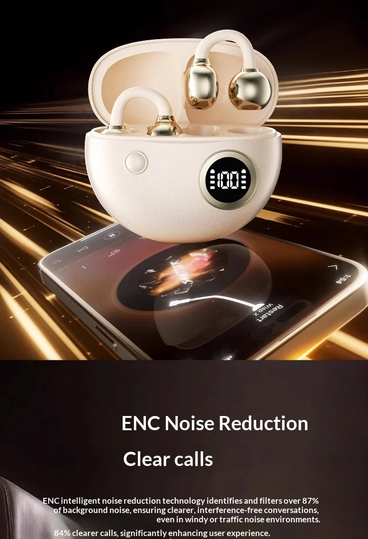 Portable Clip-on Earphones Wireless Bluetooth 5.3 Earbuds Hi-Fi Sound Super Long Battery Life Digital Display Noise Reduction