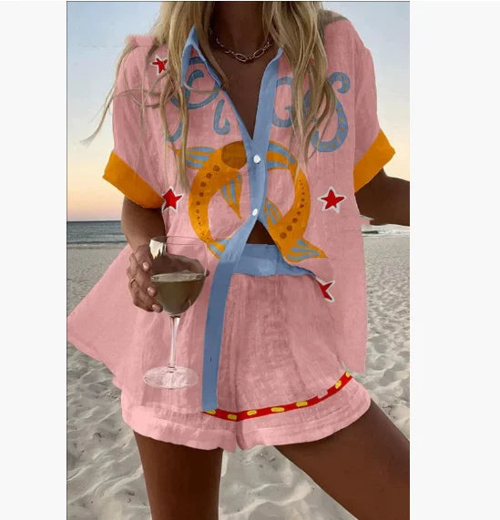 2025 New Summer Vacation Shorts Set 3D Printed Seaside Tropical Casual Lapel Shirt Blouse Top Shorts 2-Piece Suits Beach Holiday