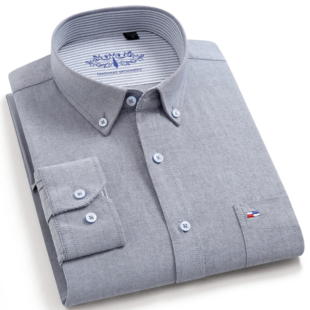 Men's 100% Cotton Breathable Oxford Fabric Dress Shirt, Plaid Striped Casual Long Sleeve, Button-Up with Collar and Chest Pocket