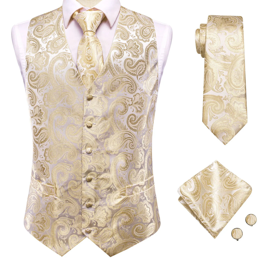 Hi-Tie Silk Mens Waistcoat Tie Set Gold Brown Orange Beige Ivory Khaki Bronze Sleeveless Jacket Suit Vest Necktie Hanky Cufflink