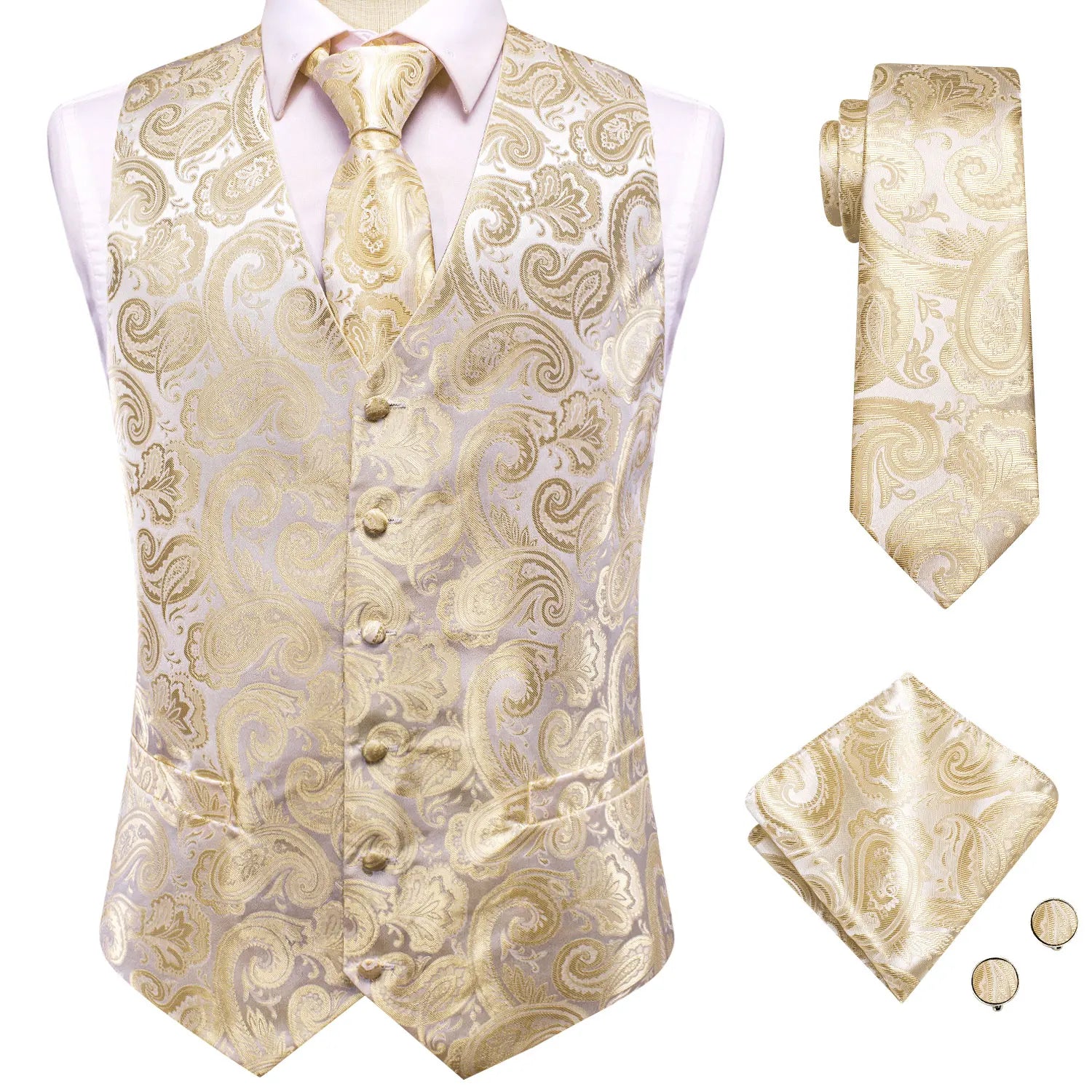 Hi-Tie Silk Mens Waistcoat Tie Set Gold Brown Orange Beige Ivory Khaki Bronze Sleeveless Jacket Suit Vest Necktie Hanky Cufflink