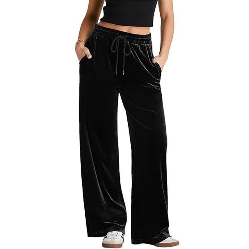 Women's High Waist Velvet Wide Leg Pants Drawstring Elastic Waist Loose Casual Trousers Autumn Winter Solid Color Long Pants B