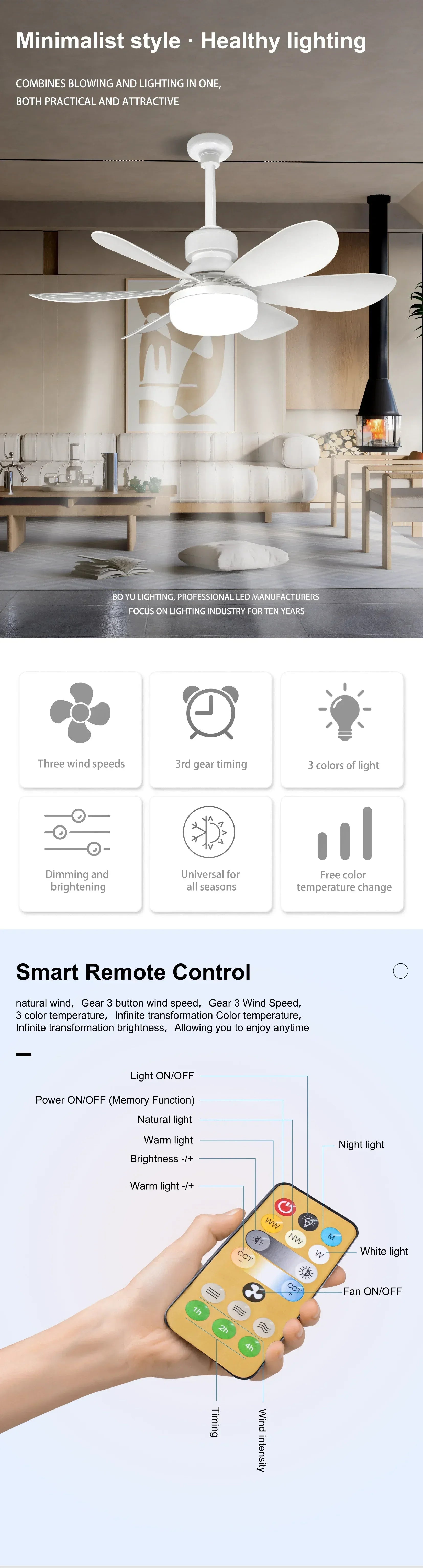 Ceiling Fan Lighting Dimmable Light Color Temperature Modern Ceiling Mount Remote Control Smart E27 Led Ceiling Fan Light