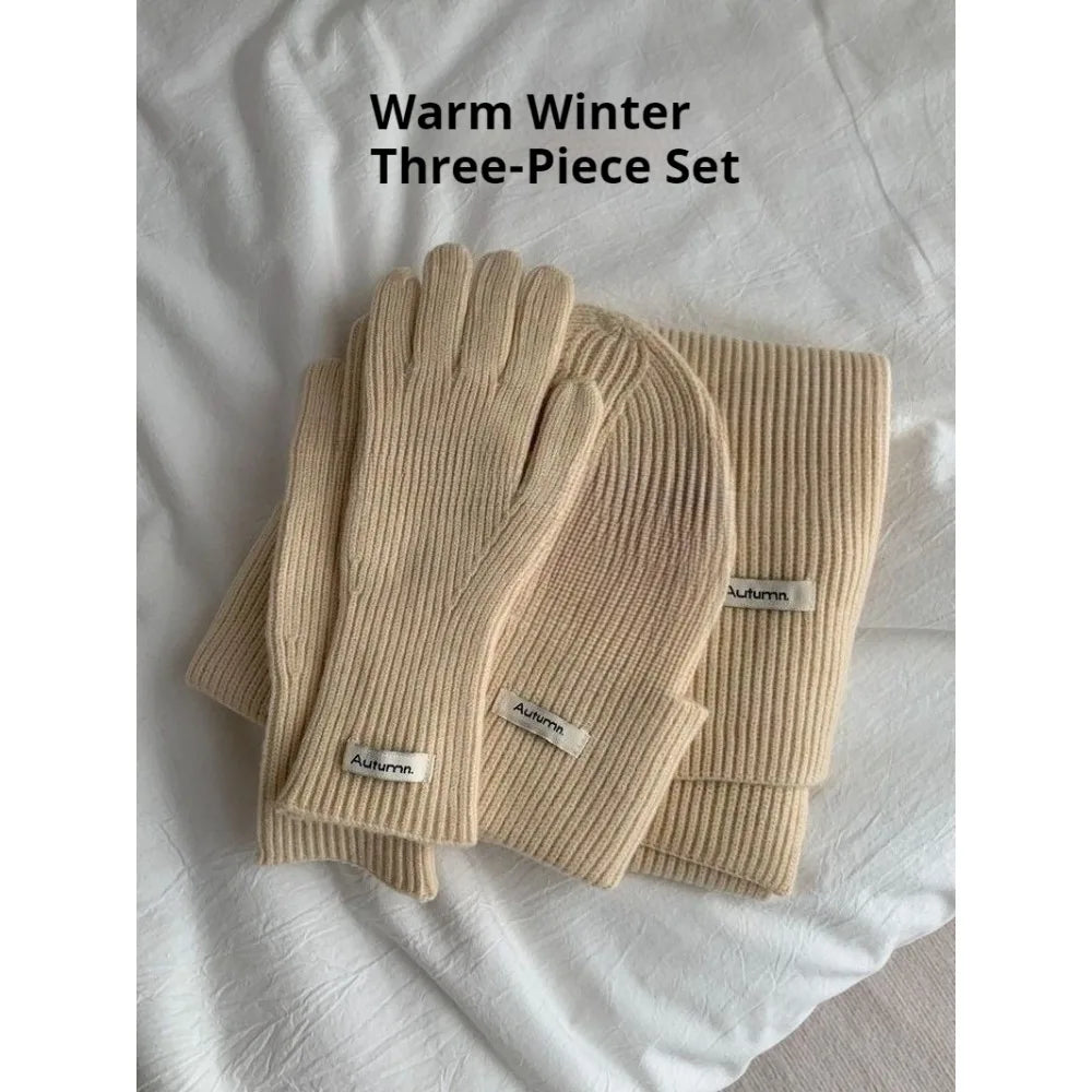 Knitted Winter Scarf Woman Solid Color Hat Scarf Gloves Women's Windproof Adult Three-piece Set Fashion Women's Scarf Hat Set