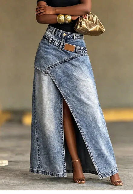 Washed Denim Maxi Skirt High Waist Asymmetric Front Slit Long Jean Skirt Irregular Patch Women Casual Split Denim Long Skirt