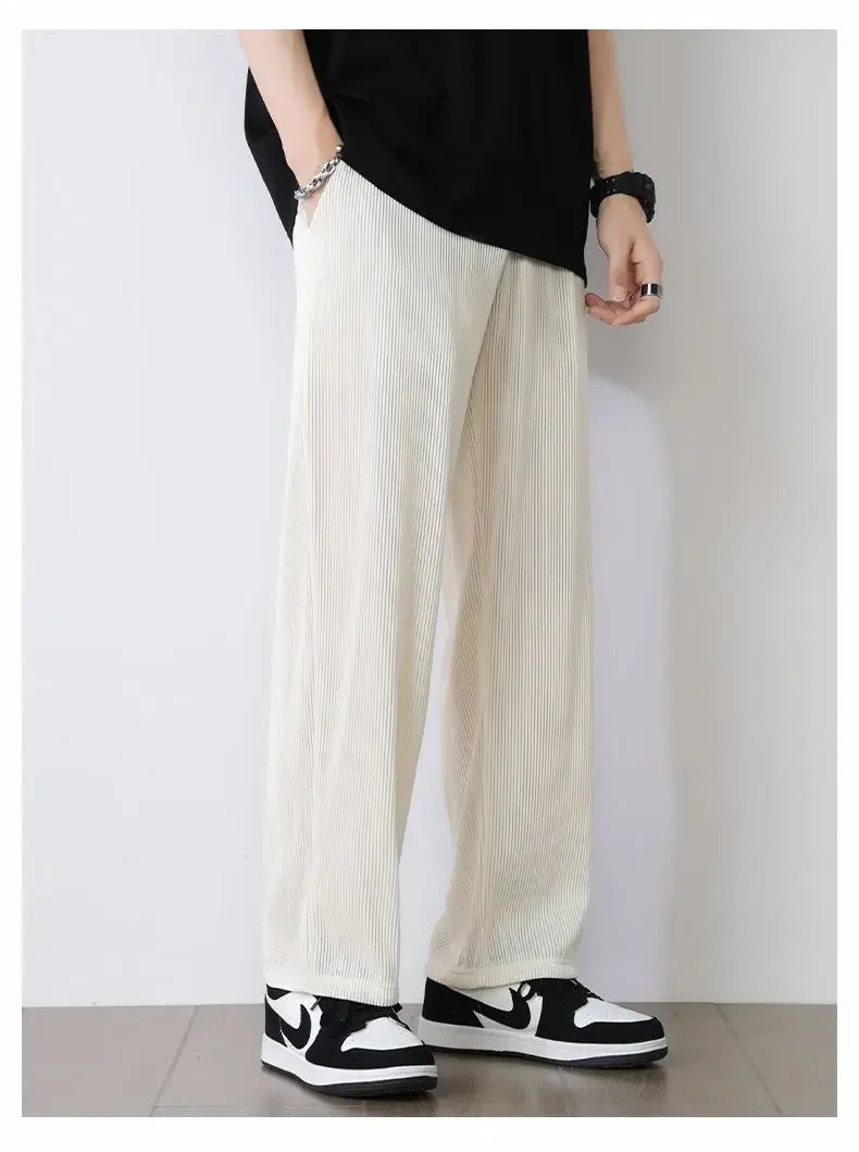 Summer White Casual Pants Men's Ice Silk Pants Men's Drape Floor Mop Pants  Korean Straight Loose Wide Leg Long Pants