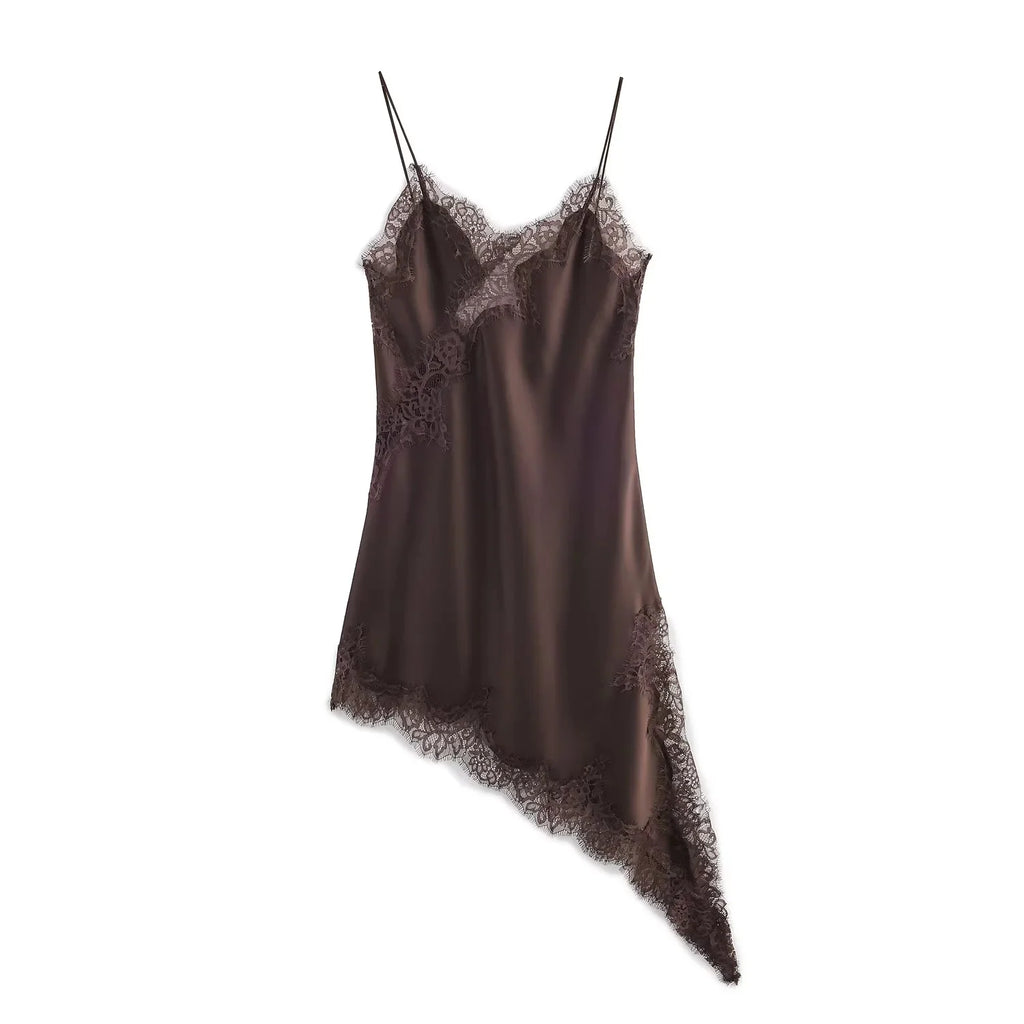 KONDALA 2026 Spring Summer Lace Patch Work Women Dresses Fashion Brown Wedding Guest Dress For Women Elegant Chic Ladies Dresses