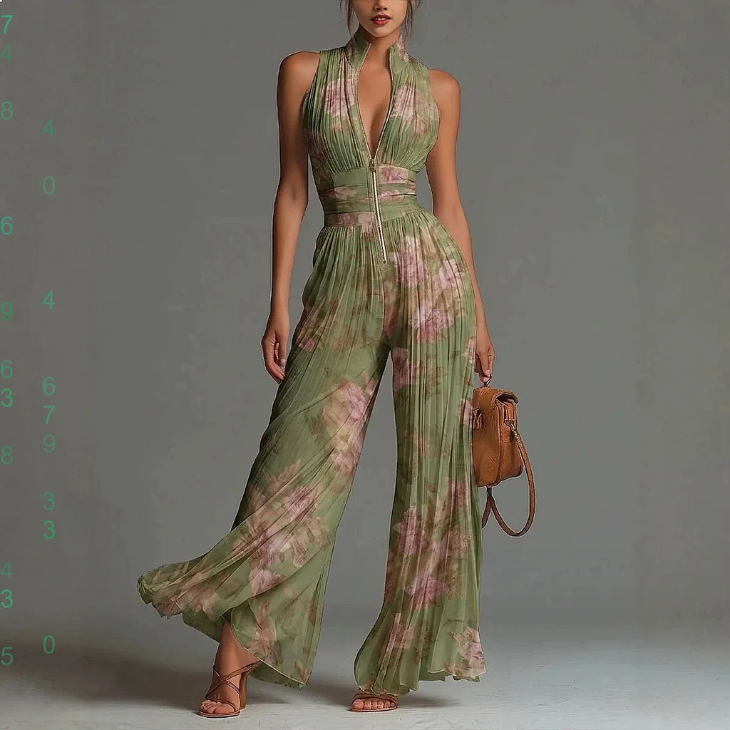 Sexy Sleeveless Jumpsuit Printed Mesh Split Irregular Hem Bodysuit Overall Pants Jumpsuits Spring Summer