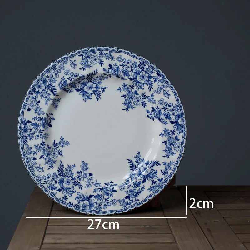 European Ceramic Dinner Plate Set Blue and White Porcelain Decorative Breakfast Plates Retro Hand Painted Restaurant Steak Dish
