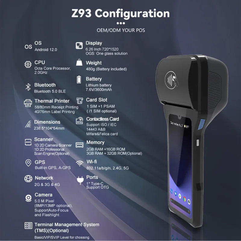 Android 14.0 Handheld POS Terminal Sales Point Cash Register with 6.26-inch Screen NFC Scanner 58/80mm Thermal Receipt Printer