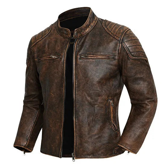 Autumn Winter Youth Mens Cowhide Texture Faux Leather Stand Collar Biker Jacket Retro Color Block Daily Street Casual Outer Coat