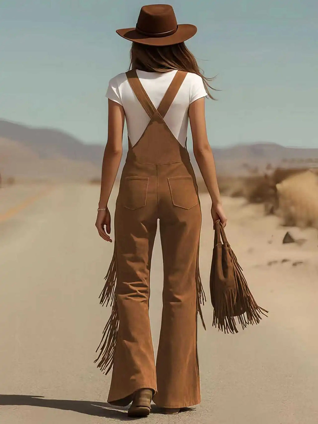 Women's Fashion Retro Western Tassel Wide Leg Jumpsuit 2026 New Casual Pocket Straps Female All-Match Rompers
