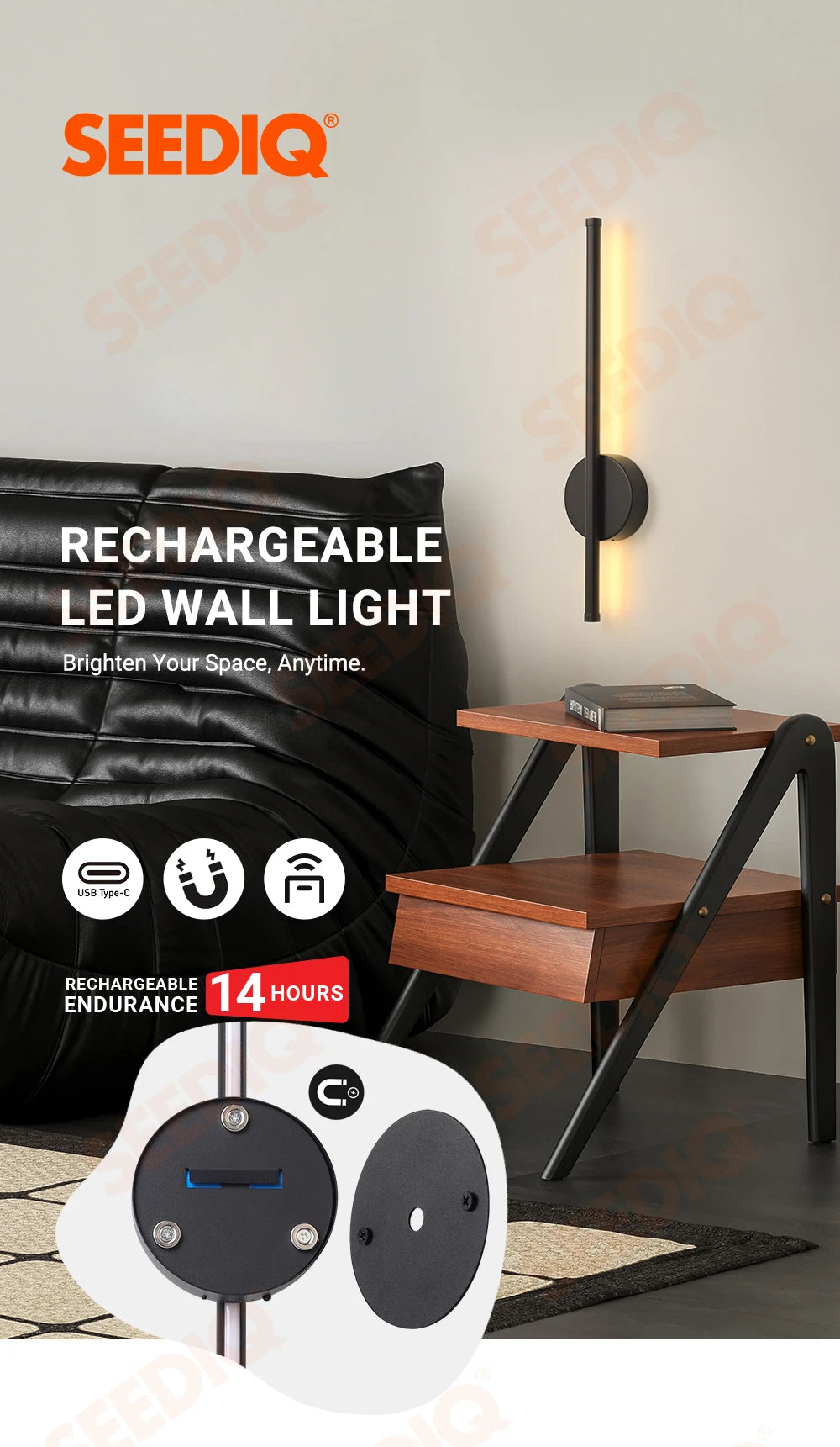 Rechargeable Battery Operated Wall Light Installation Free Wall Sconce 1PC 50CM Dimming For Livingroom Sofe Beside Bedroom