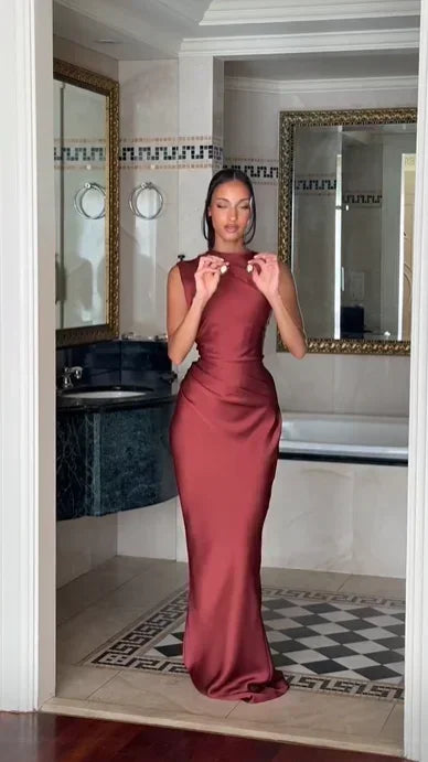 Solid Satin Cowl Neck Women's Dress Elegant Sleeveless Ruched Waist Fishtail Bodycon Lady Vestido 2026 Summer Party Dresses