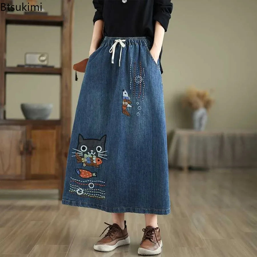 2026 Women's Denim Skirts Retro Cartoon Animal Embroidery Casual Half Skirts Spring Summer High Waist Fashion Loose Midi Skirts