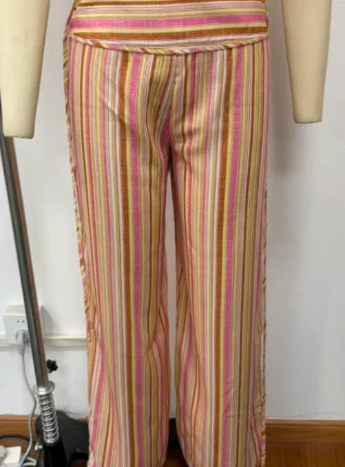 Color Vertical Stripe Women's Wide Leg Pants Folded Wide Waistband Side Thin Drawstring Tie Relaxed Drape Length Casual Pants