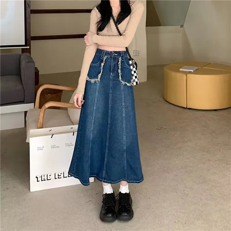 Women's Tassel Denim Long Skirts, Vintage Pocket, A-line Jeans Skirt, High Waist, Women's Fashion, Spring, S-5XL
