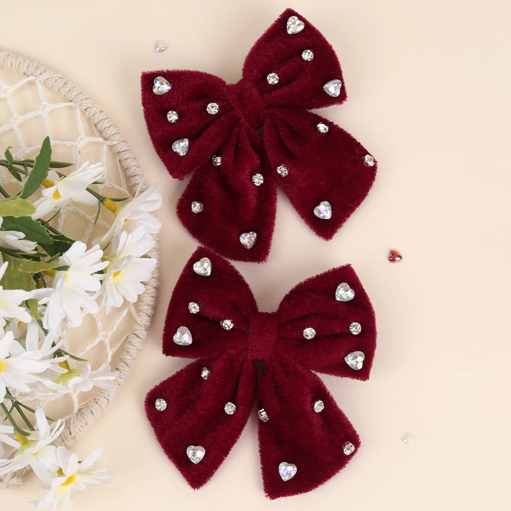 2Pcs Girls Velvet Bow Hair Clips Elegant Heart Shape Rhinestones Hairpins Vintage Burgundy Barrette Fall/Winter Hair Accessories