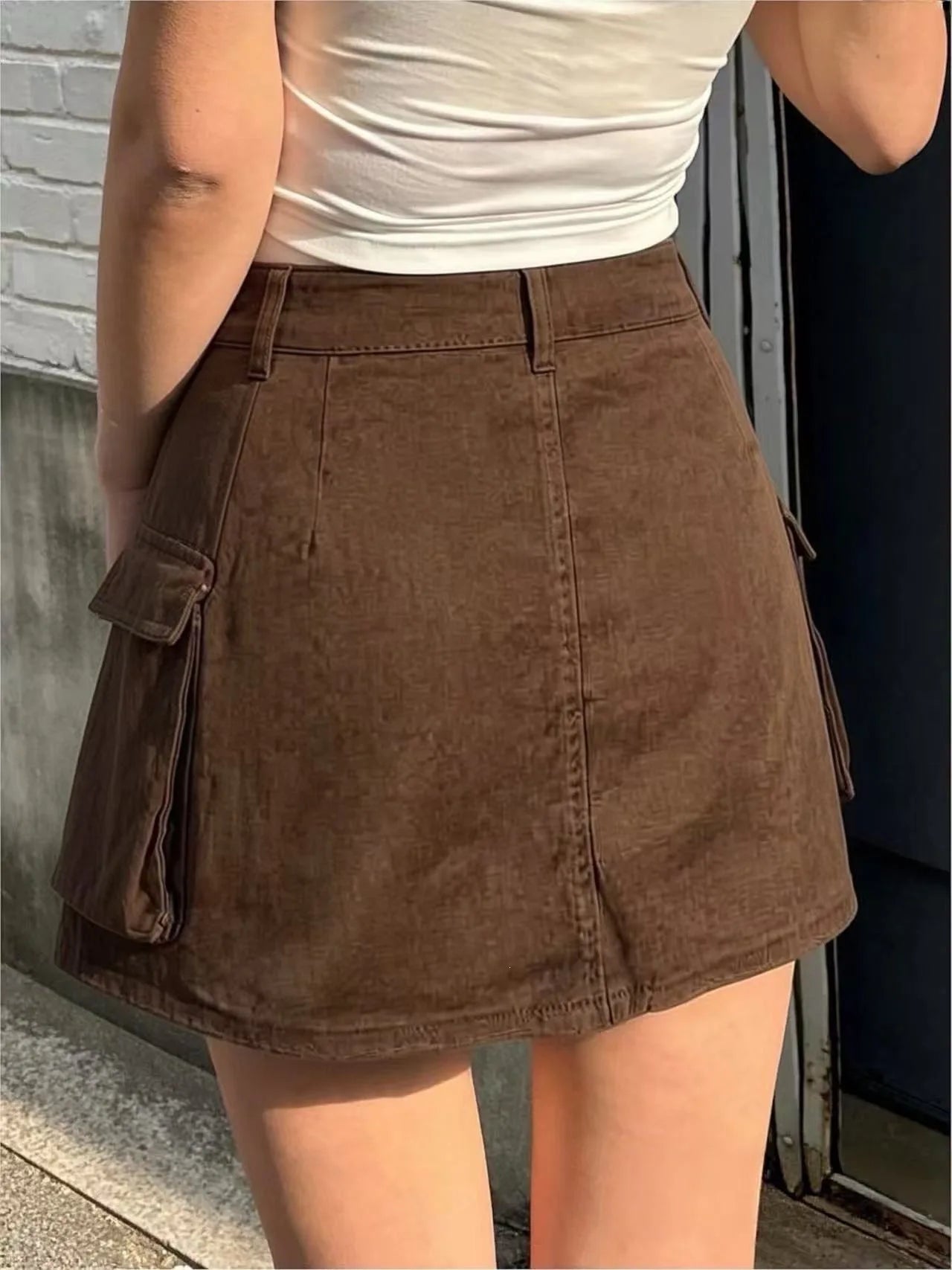 Sexy Women High Waist Cargo Denim Mini Skirt Double Button Multi Pocket A Line Short Skirt Y2K Streetwear Casual Jean Dress