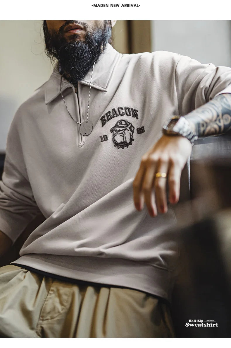 Maden Vintage Men's Long Sleeve Embroidered Sweatshirt with Letters Half-open Front Casual Hoodie Turned-up Collar for Spring