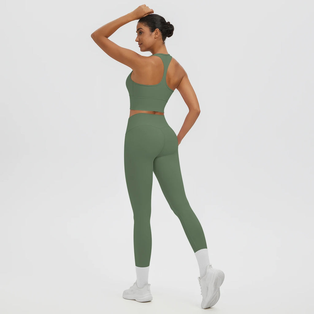 2PCS/set Gym Sports Yoga Suit for Women's Solid Color High Stretch Quick Drying Legging Yoga Pants Gather I-shaped Vest Yoga Set