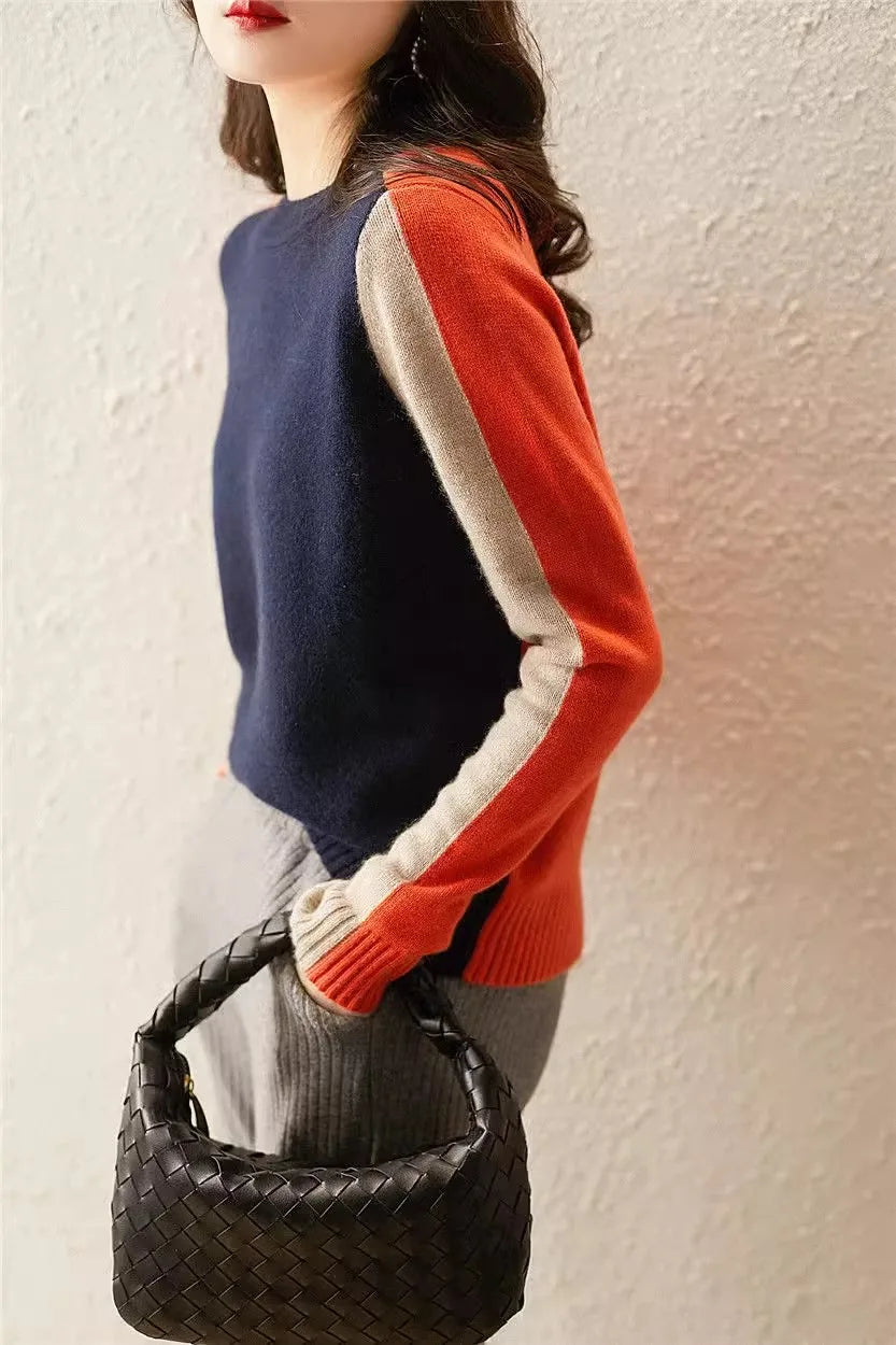 2024 Spring and Autumn New Long Sleeve Color Contrasting Bottom Shirt Women's Casual Versatile Short Knitted Sweater Women's Swe