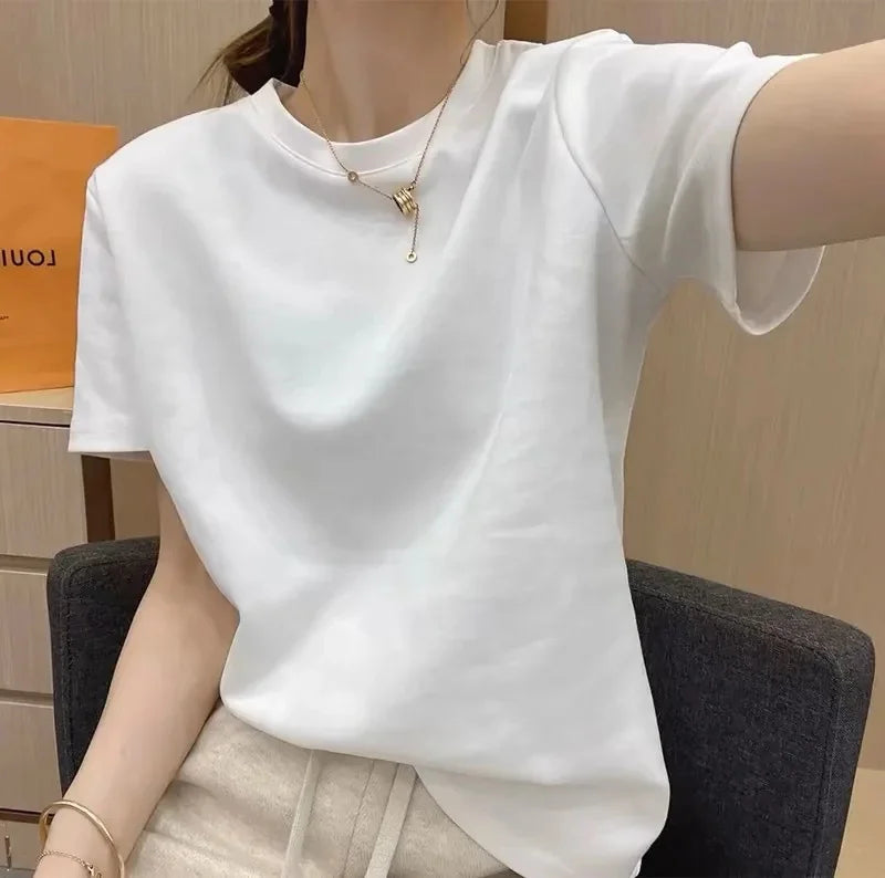 Women's Short Sleeve T-Shirt Pure Cotton Thin Summer Korean Style Loose Fit Shoulder round Neck Half Sleeve Ladies Top Versatile