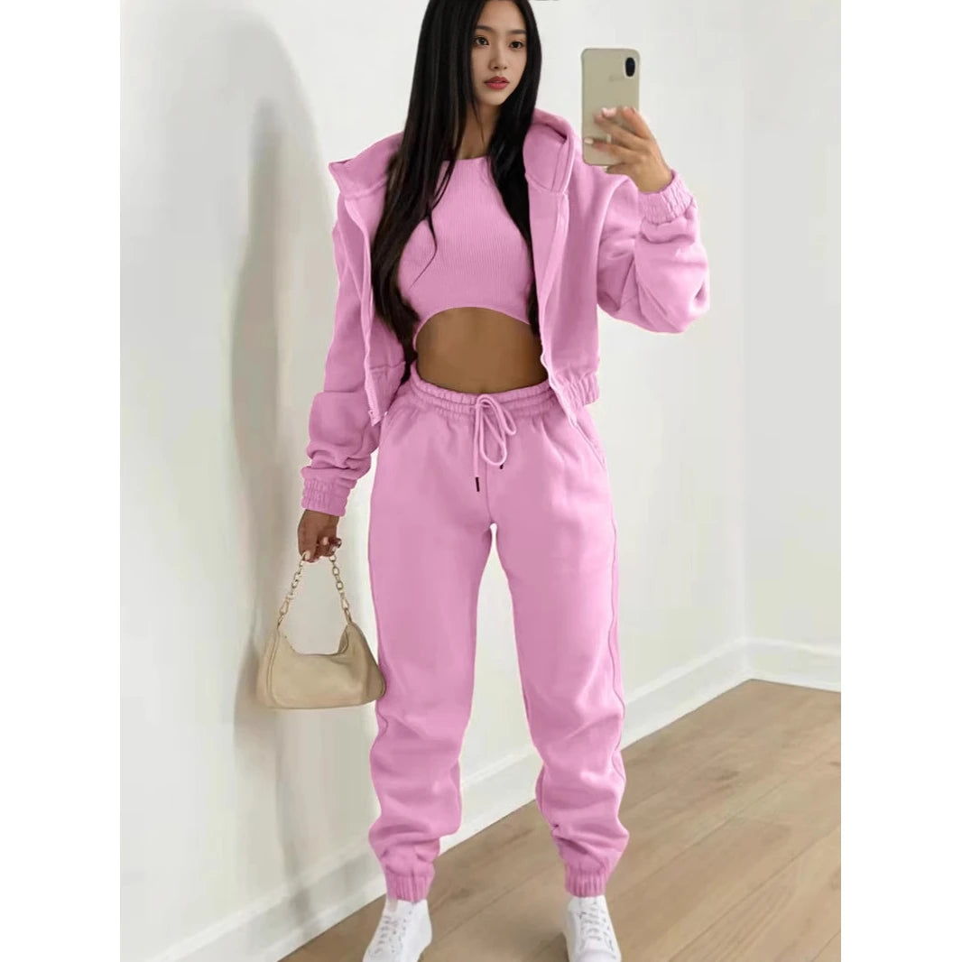 Women's Three-Piece Set Fleece-Lined Hoodie Sweatpants Sporty Casual Winter Outfit Complete Matching Long Pants Leggings