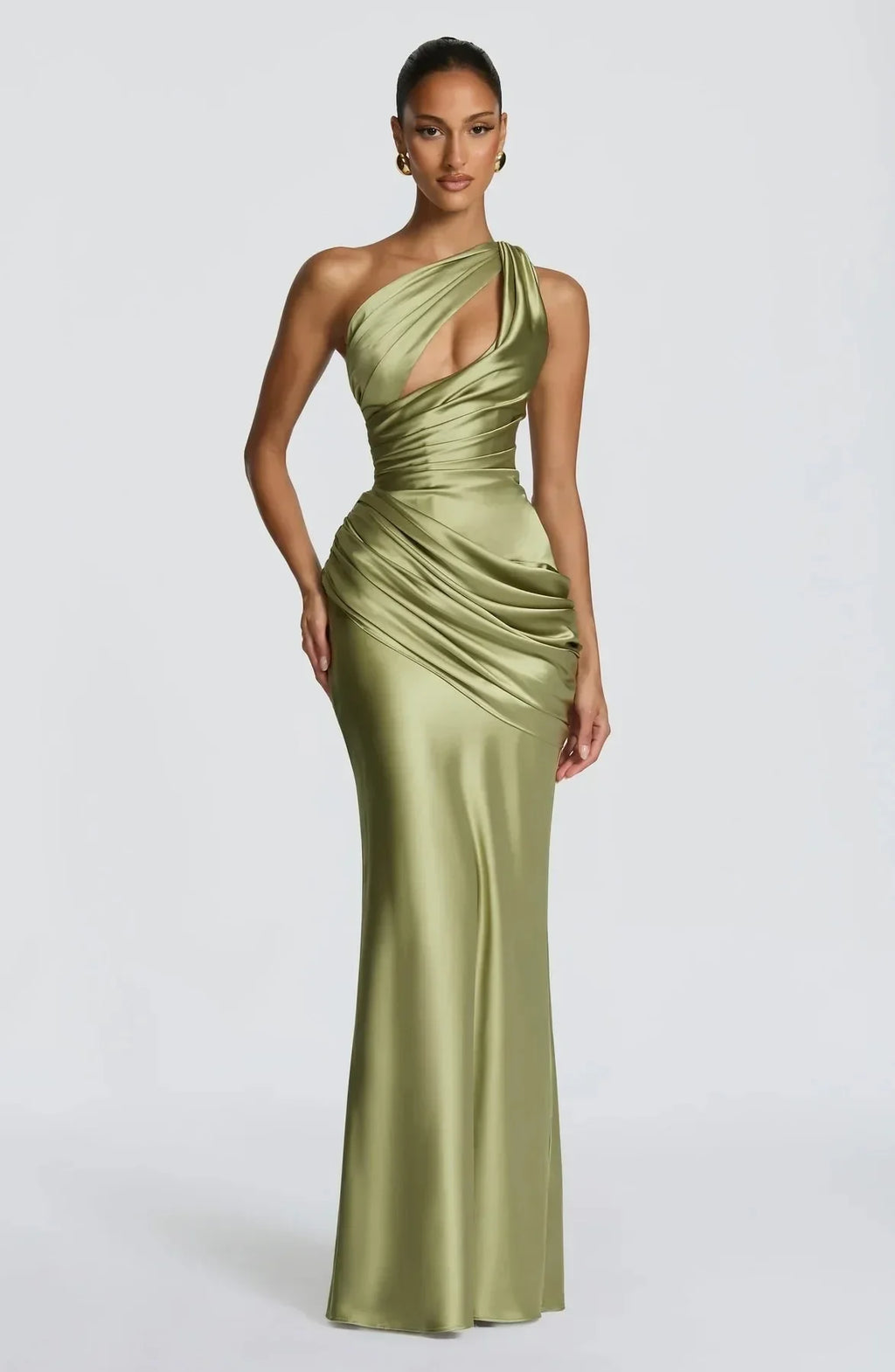 Elegant One Shoulder Satin Long Dress Women Chic Solid Sleeveless Backless Waist Cinching Pleated Dresses  Lady Party Robes New