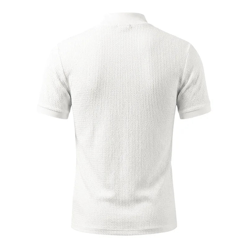 Men Summer Solid Jacquard Textured Mock Neck Short Sleeve T Shirt Slim Fit Simple Versatile Casual Daily Male Basic Tees