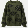 Y2K Eyes Crochet Knitted Sweaters Mens Vintage Crew Neck Long Sleeve Knit Jumper Top Men Spring Autumn Casual Loose Sweater Male
