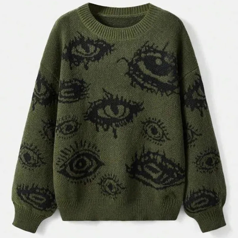 Y2K Eyes Crochet Knitted Sweaters Mens Vintage Crew Neck Long Sleeve Knit Jumper Top Men Spring Autumn Casual Loose Sweater Male