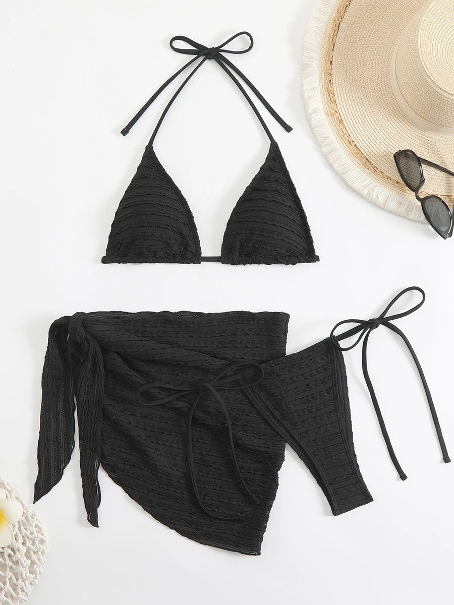 Sexy 3 Pieces Bikini Women Swimsuit 2025 Summer Halter Triangle Swimwear Bottom Bikinis Sets Beach Cover Up Female Bathing Suits