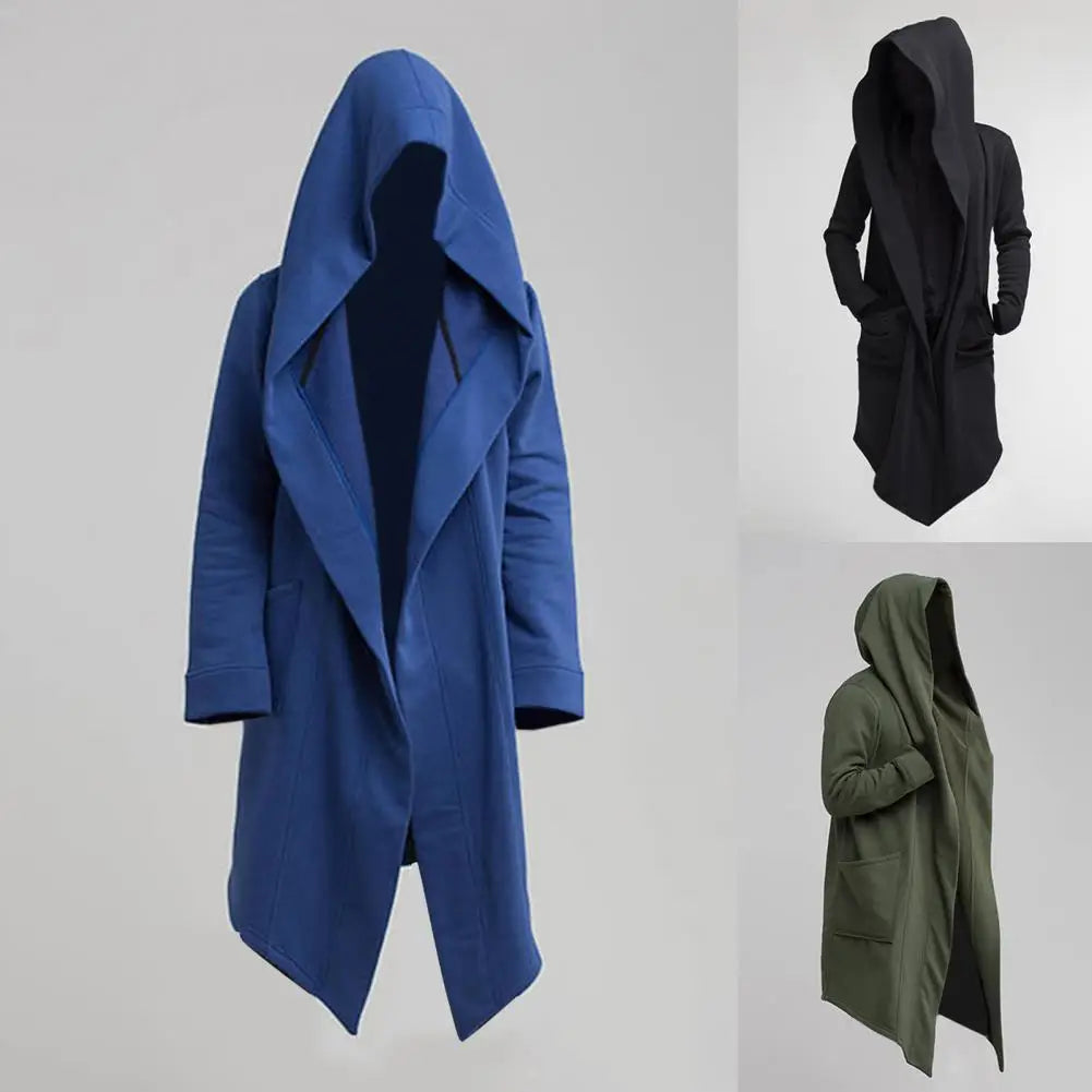 Oversize Men Coat Long Turn-down Collar Big Hat Cardigan Trench Coat Hooded Oblique Hem Big Pockets Men Windbreaker Outwear