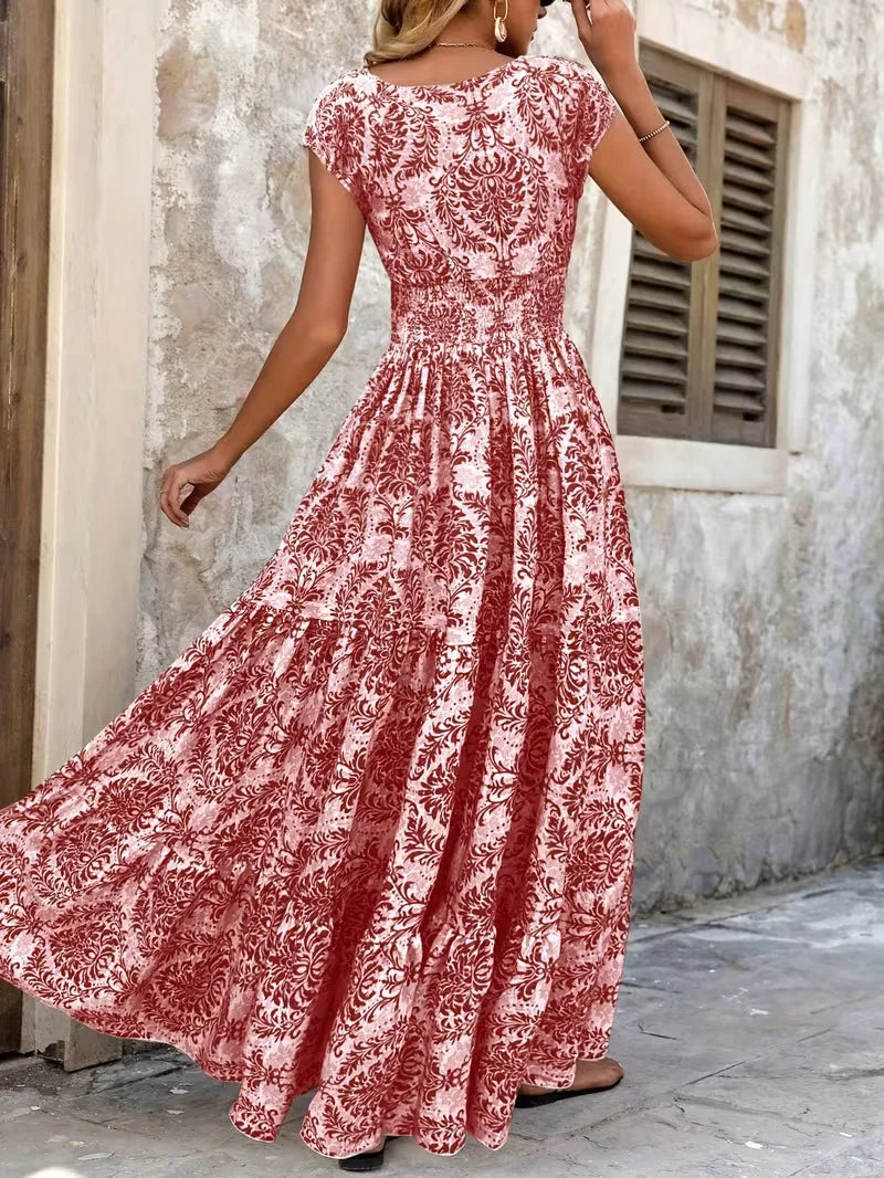 Women's Summer Retro Fashion Floral Printed Sexy V-neck Short Sleeve High Waist Medium Length Bohemian Loose Holidays Dresses