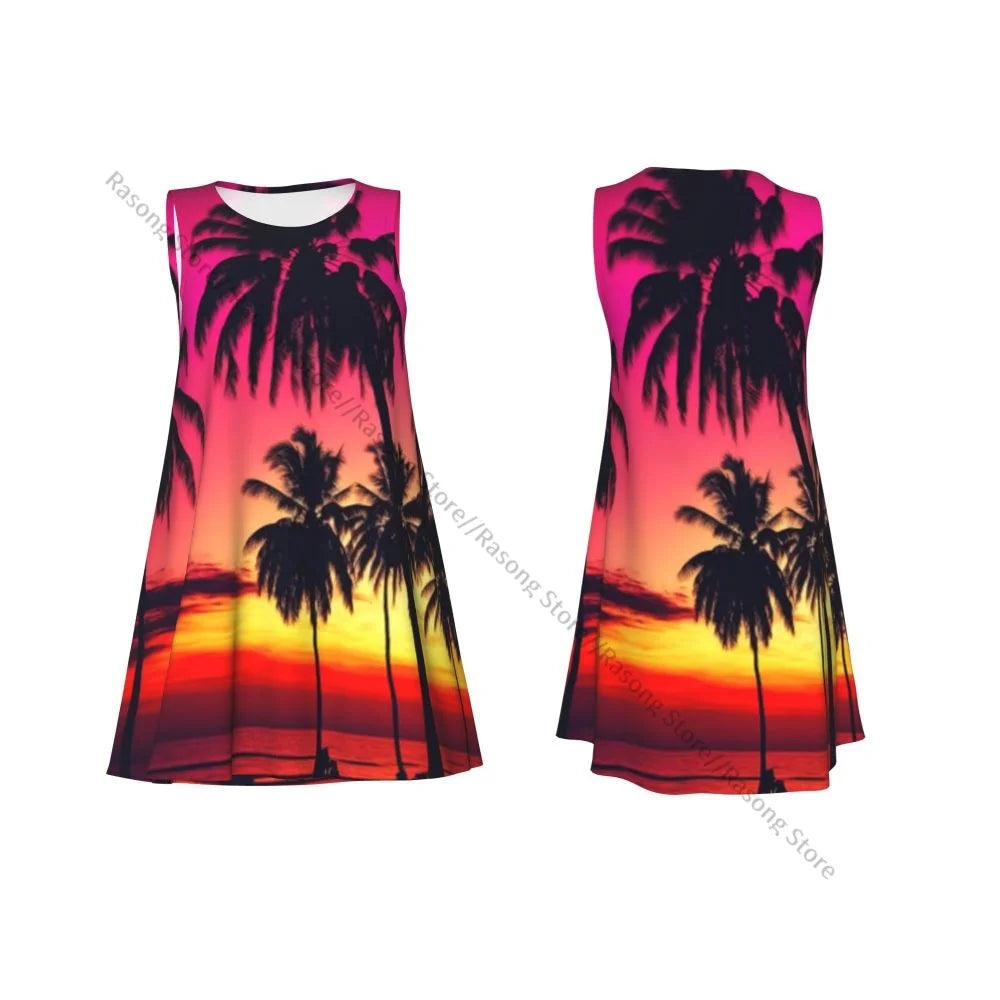 Women's Dress Colorful Sunset On Tropical Ocean Beach With Coconut Palm Trees Summer Casual T Shirt Beach Cover up Tank Dress