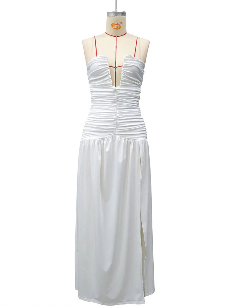 Rinabe Deep V Neck Strapless Maxi Dress Chic Solid Off-shoulder Backless Split Elegant Evening Dress Women Chic Slim Dresses