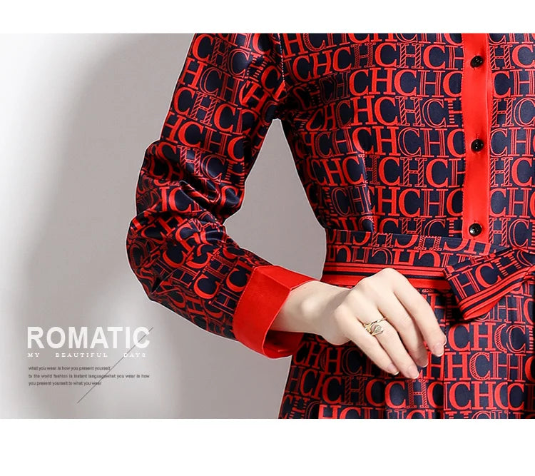 2025 Spring New Silk Satin European and American Fashion Waist slimming Printed Dress with Belt and Knee length Skirt