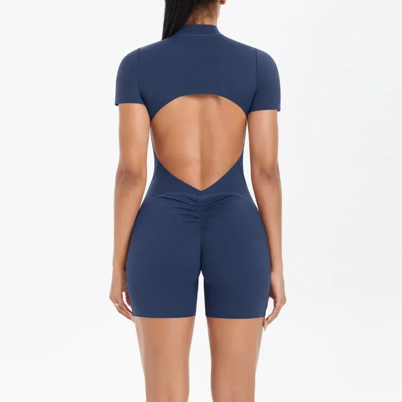 Women's Seamless Yoga Jumpsuits Sports Fitness Zipper Open Back Breathable One-Piece Bodysuits for Gym Running Fitness Workout