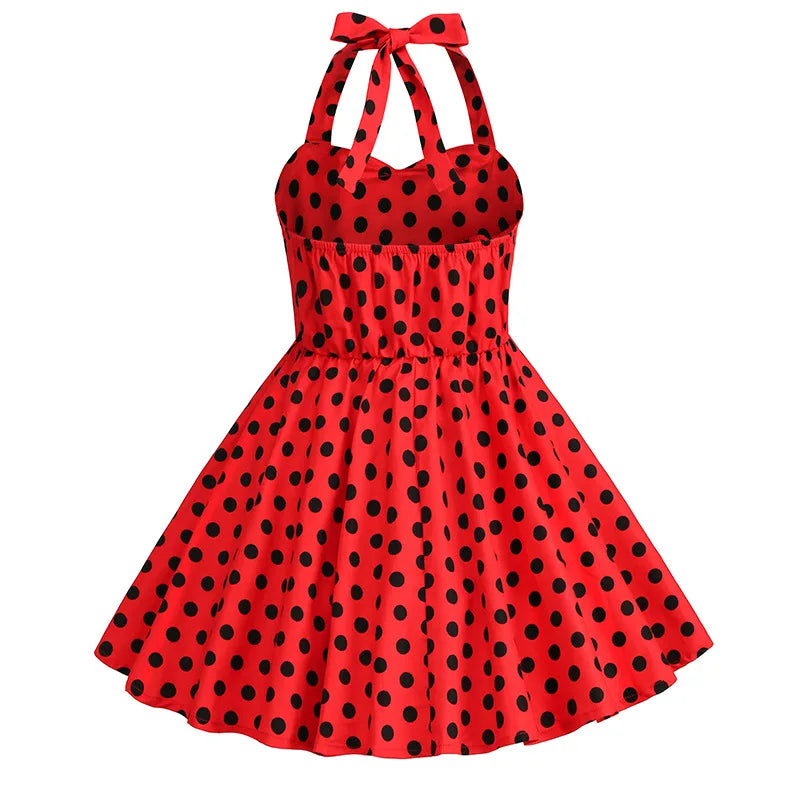 Kids Girls Vintage Halterneck Dress Polka Dots Cherry Strawberry Daily Birthday Party 1950s Swing Dress Summer Princess Dress