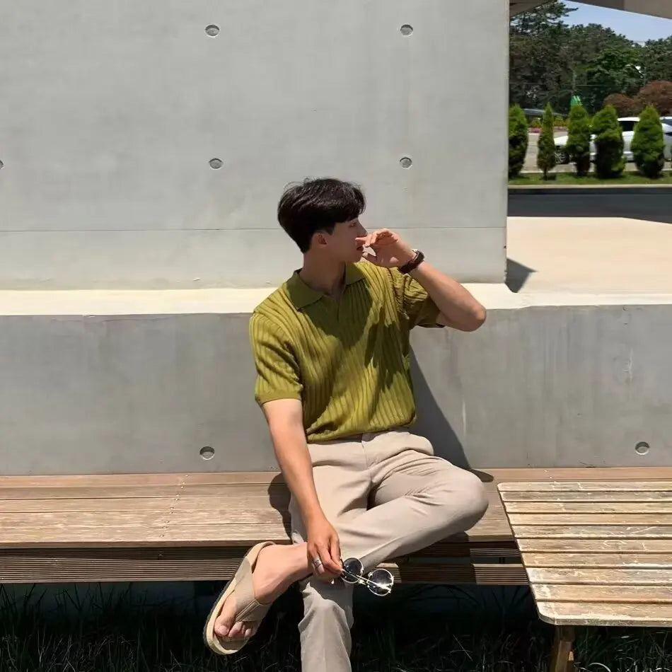 Trendy Polo Shirt for Men Summer Solid Color Top Versatile Knit Style Korean Short Sleeves Casual Fashion T-shirt