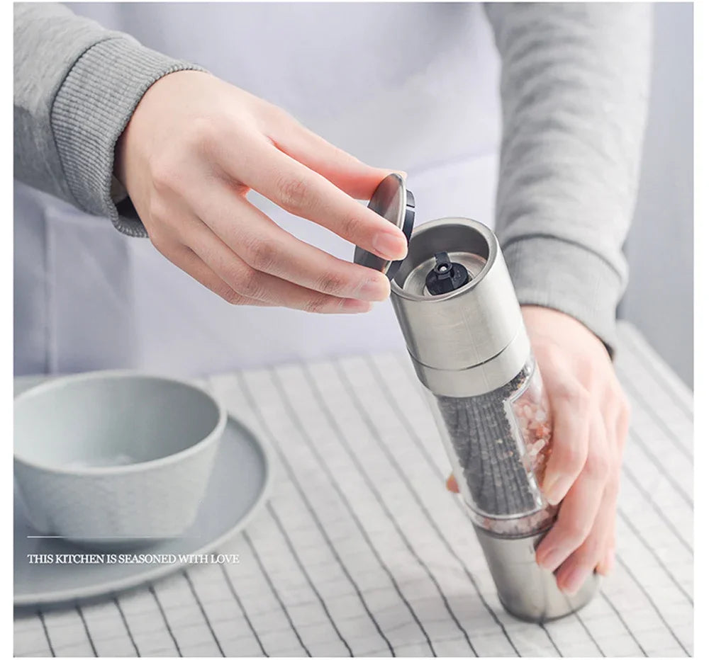 Double Head Pepper Grinder Stainless Steel Spice Bottle Pepper Mill Manual Spice Grinder Mill Household Kitchen Gadgets