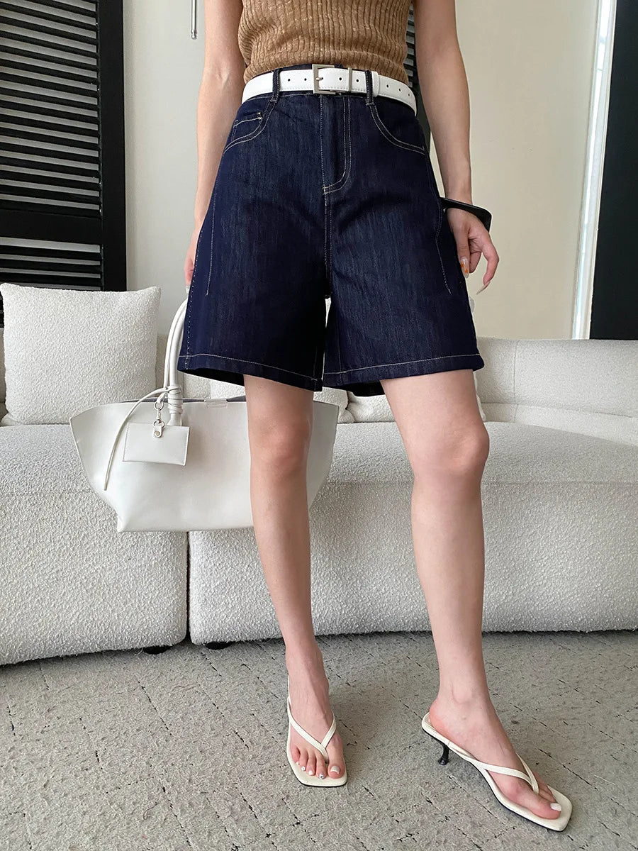 Summer women's casual solid color bright stitching wide leg denim shorts