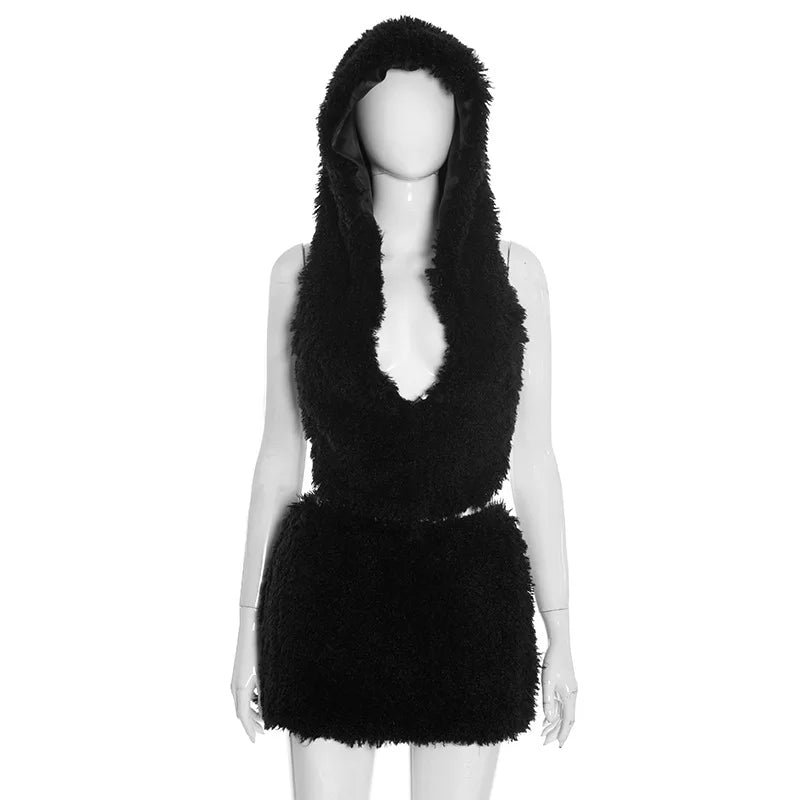 2026 Fall Winter Fashion Faux Fur 2 Piece Set Women Lace Up Backless Hooded Tank Tops + Bodycon Mini Skirts Casual Street Suits